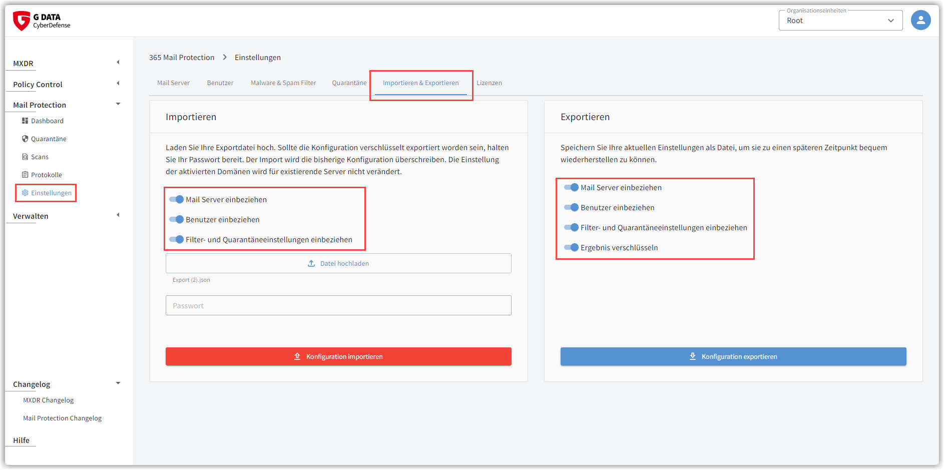 G DATA 365 | Mail Protection Import Export