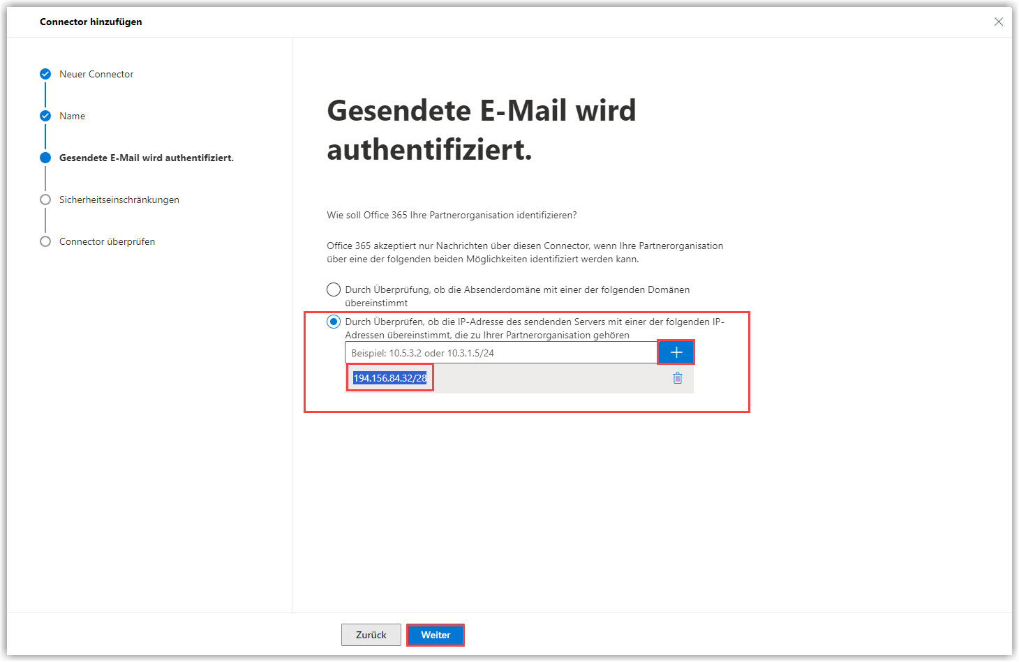 G DATA 365 | Mail Protection IP Inbound-Konnektor hinzufügen