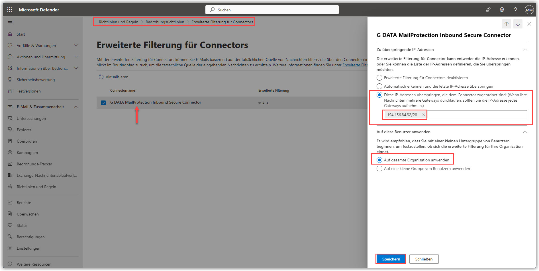 G DATA 365 | Mail Protection Inbound-Konnektor erweiterten Filter aktivieren