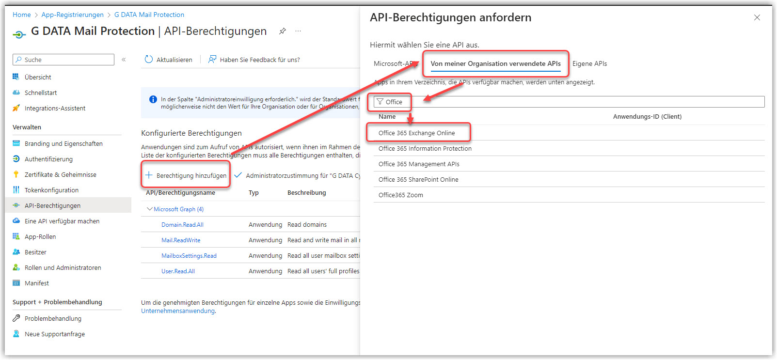 G DATA 365 | Mail Protection Exchange Berechtigungen