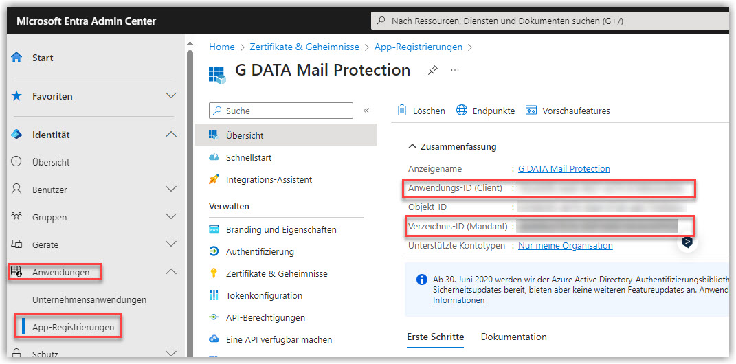 G DATA 365 | Mail Protection Anwendungs-ID und Verzeichnis-ID