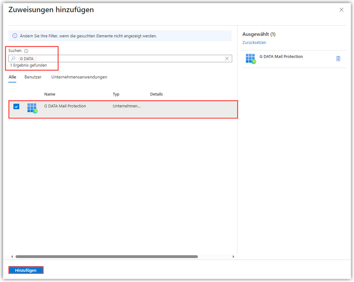 G DATA 365 | Mail Protection Microsoft Exchange Zuweisung hinzufügen