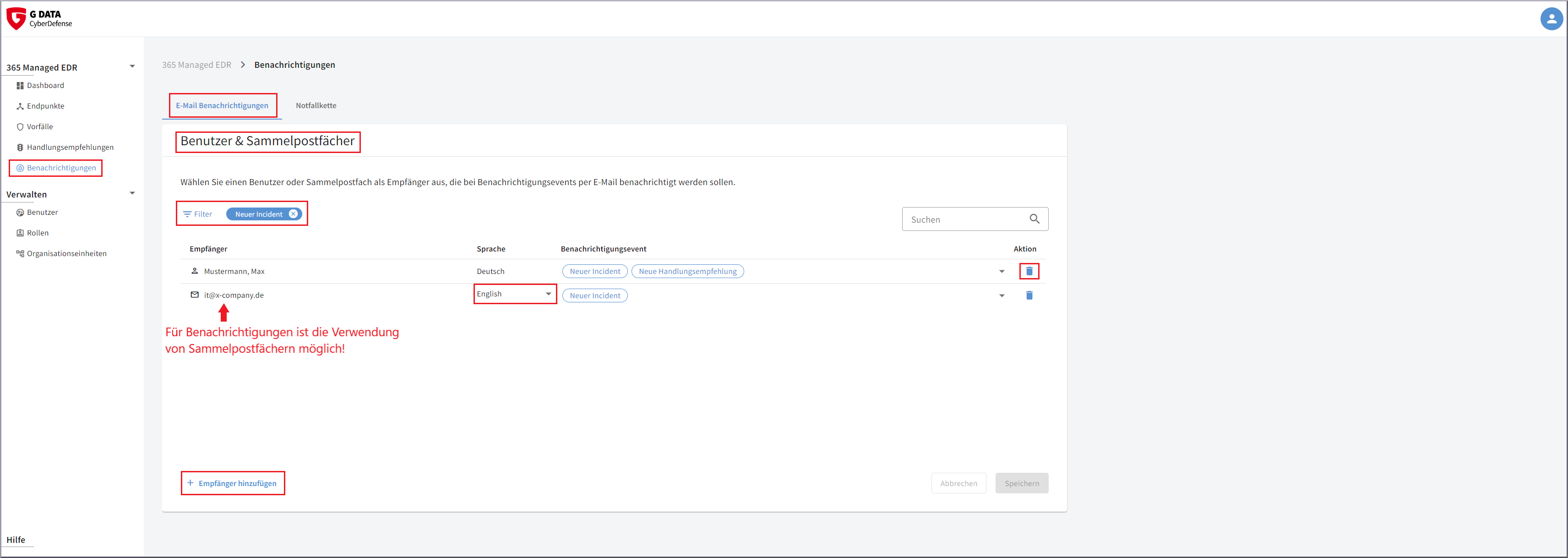 G DATA 365 | MXDR Benachrichtigungen per Email