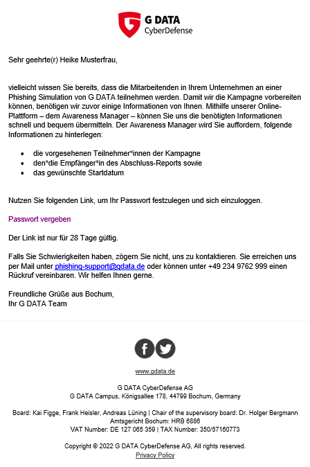 Begrüßungsmail zur G DATA Phishing Simulation