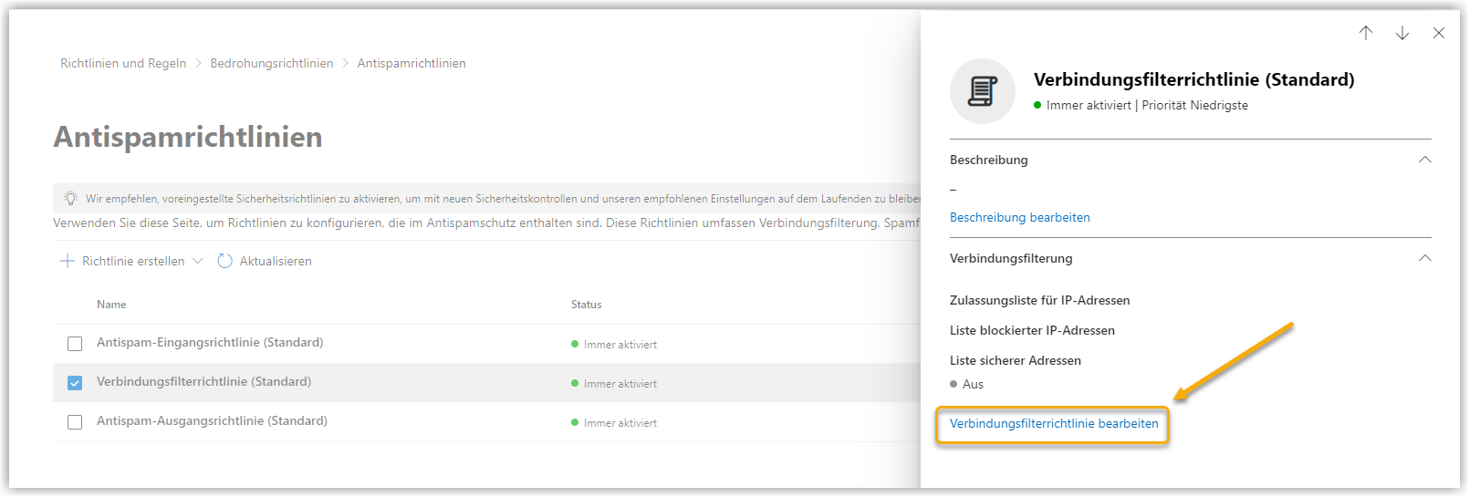 365 Verbindungsfilterrichtlinie bearbeiten