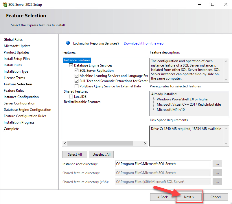 Function selection Microsoft SQL Express