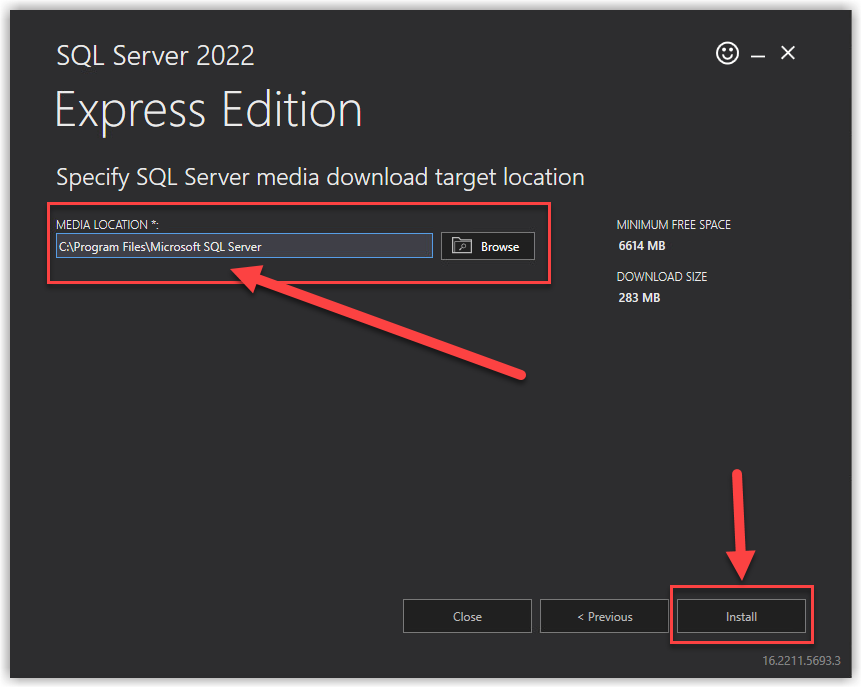 Directory selection setup file Microsoft SQL Express