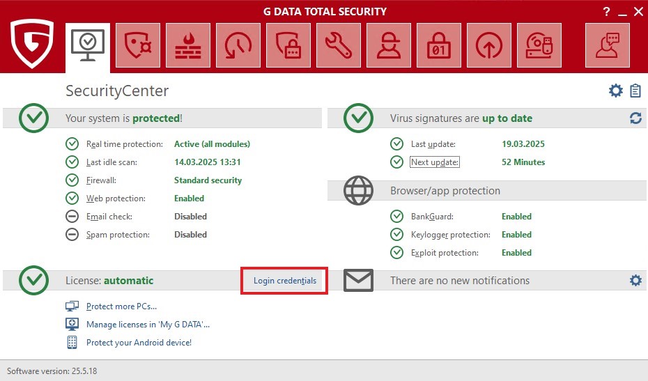 G DATA TOTAL PROTECTION Security Center Login Credentials