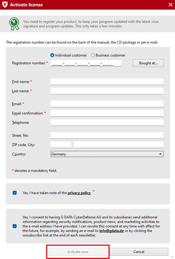 Install with registration number