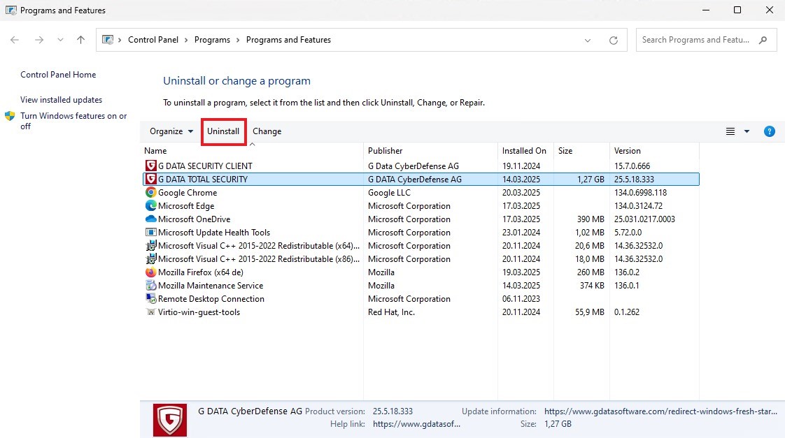 Uninstall via control panel