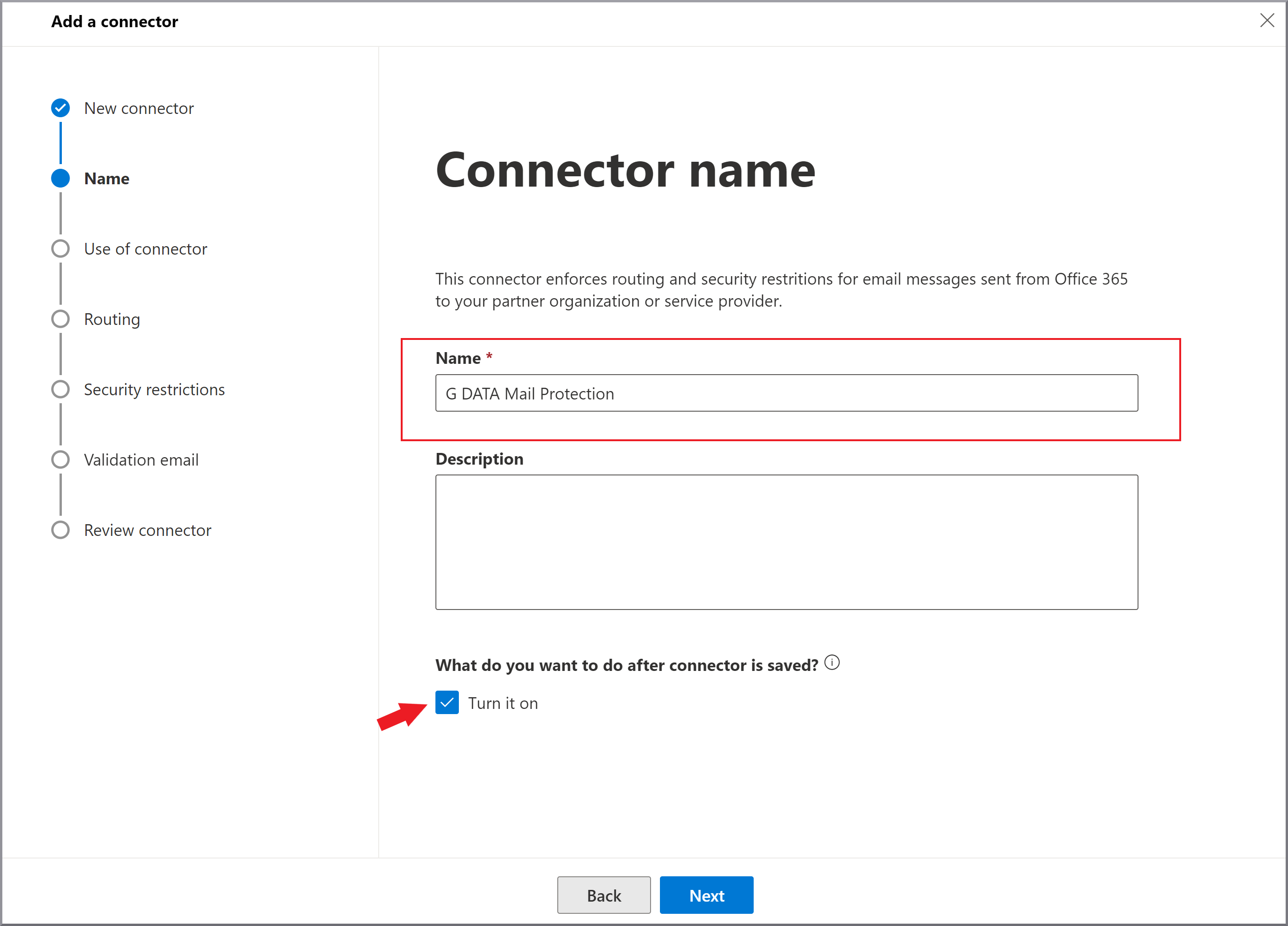 G DATA 365 | Mail Protection Add connector name
