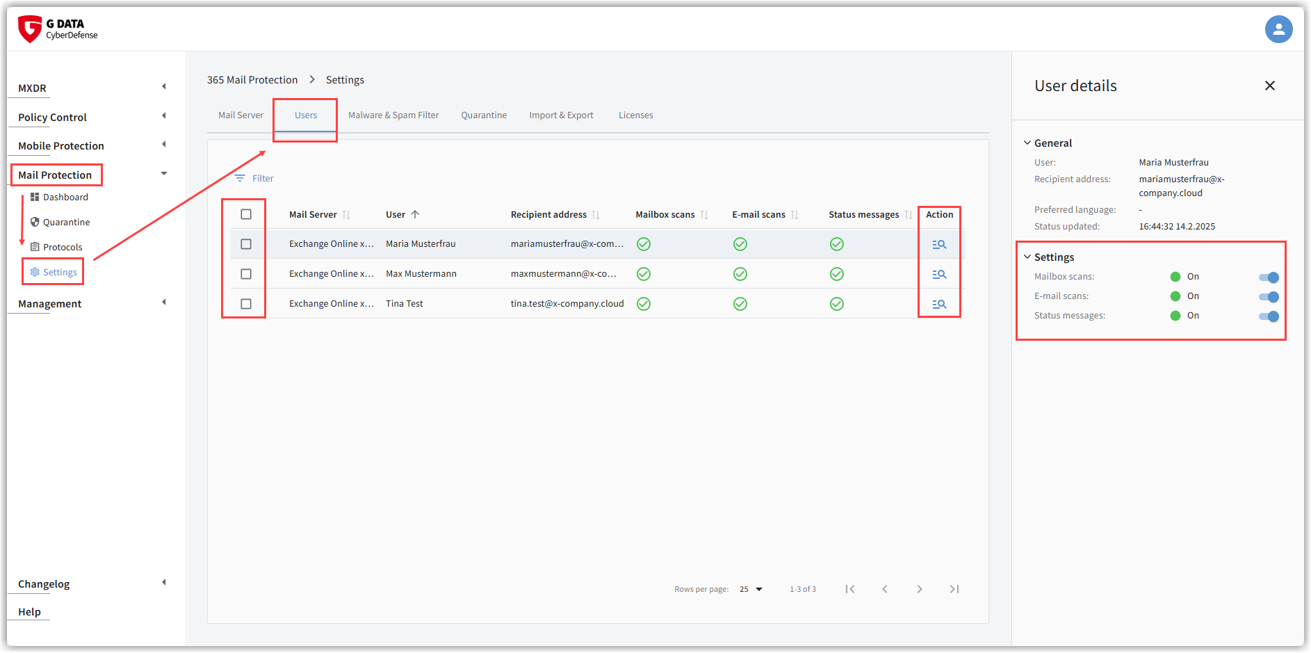 G DATA 365 MailProtection manage users