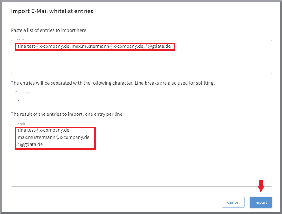 G DATA 365 | Mail Protection Import entries