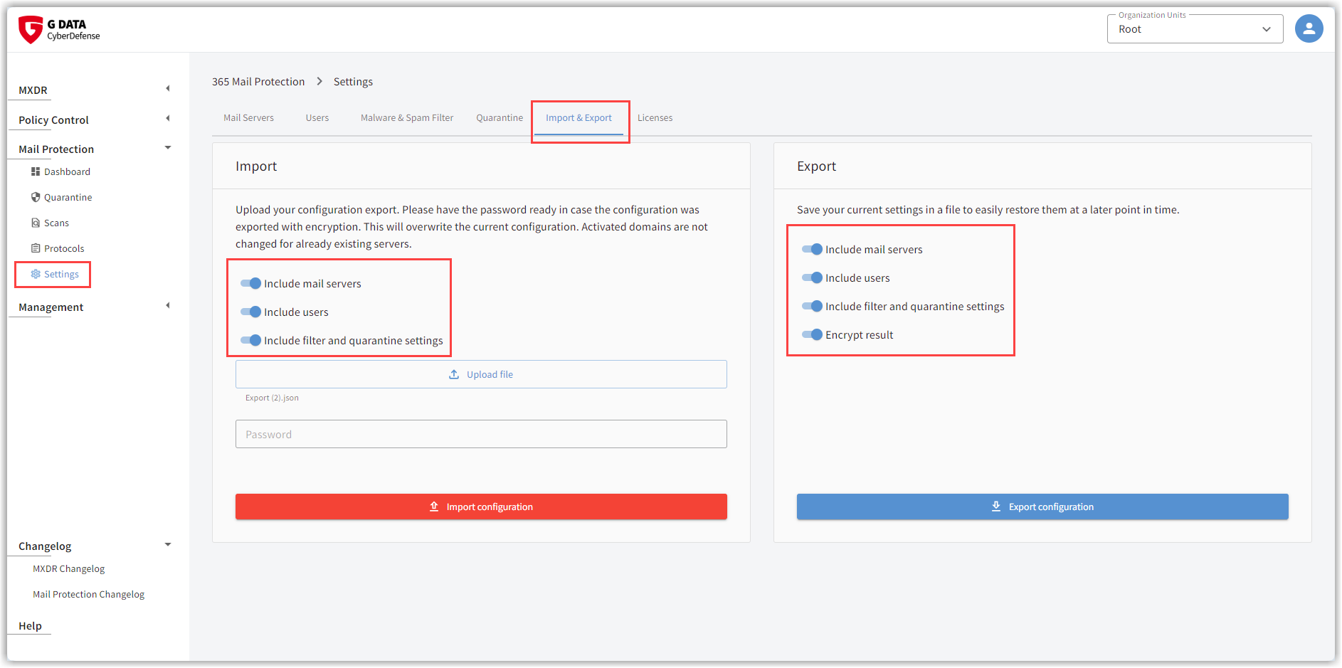 G DATA 365 | Mail Protection Import Export