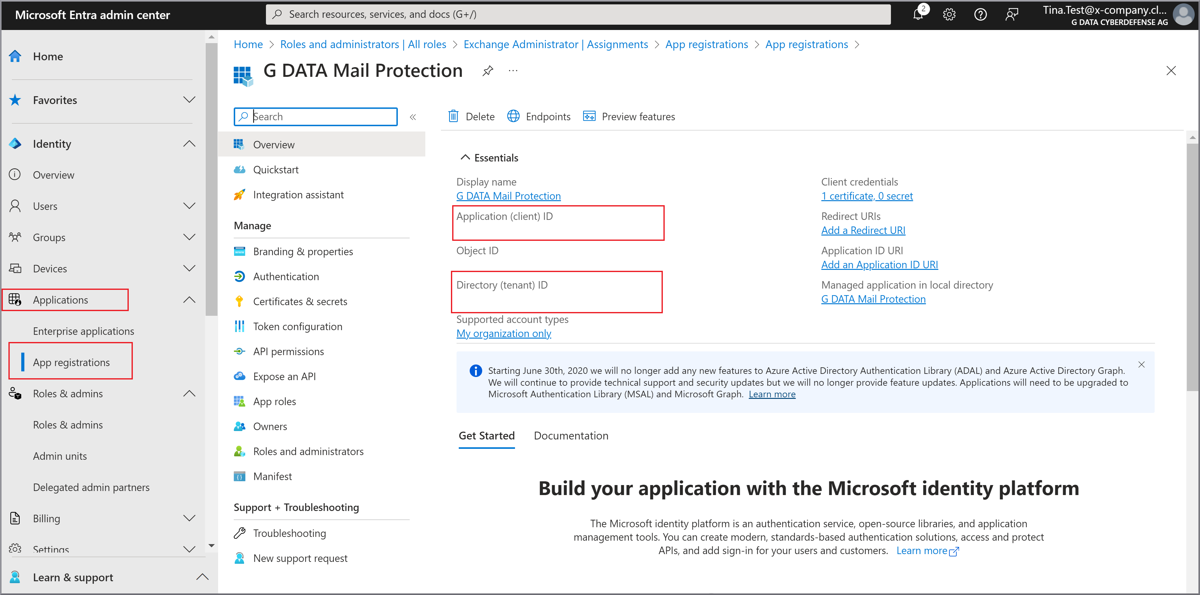 G DATA 365 | Mail Protection application ID (client) and the directory ID (client)