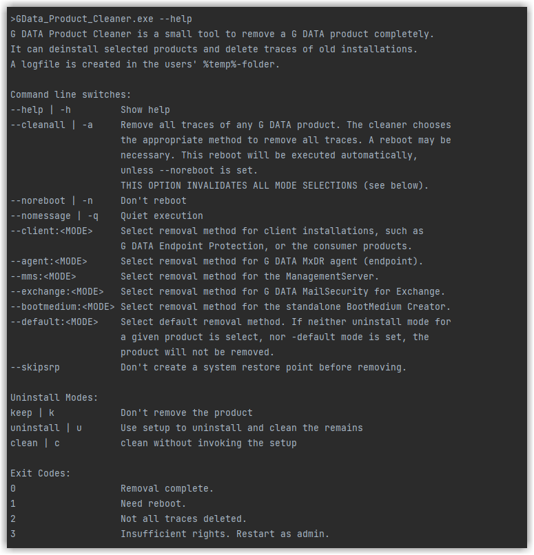 Product Cleaner command line --help