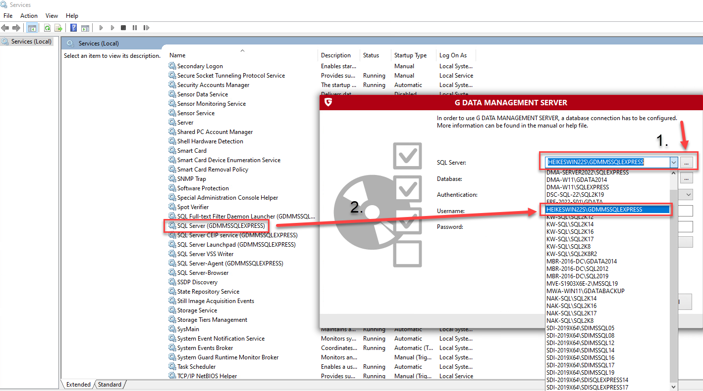 Instalacja G DATA Management Server. Wybór bazy danych