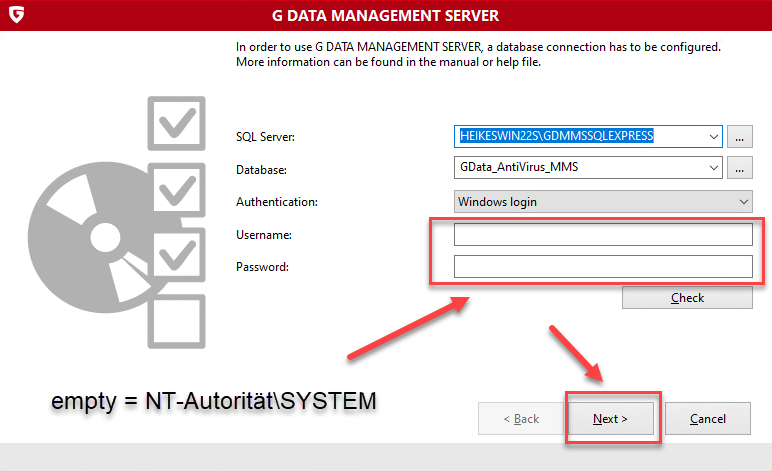 Instalacja G DATA Management Server. Wpisz poświaczenia