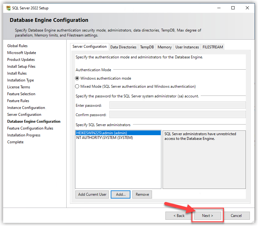 SQL Database Configuration Microsoft SQL Express