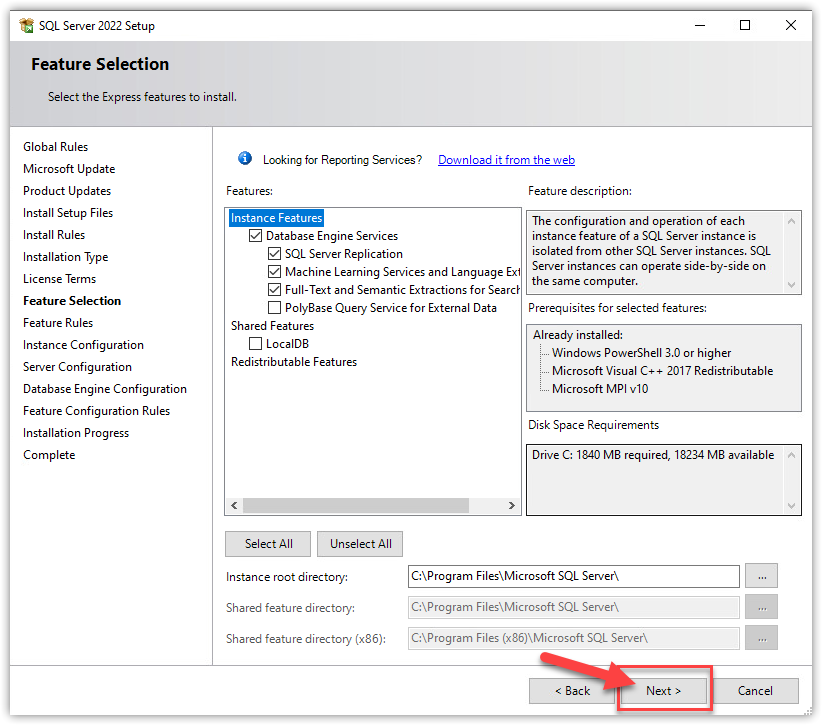 Function selection Microsoft SQL Express